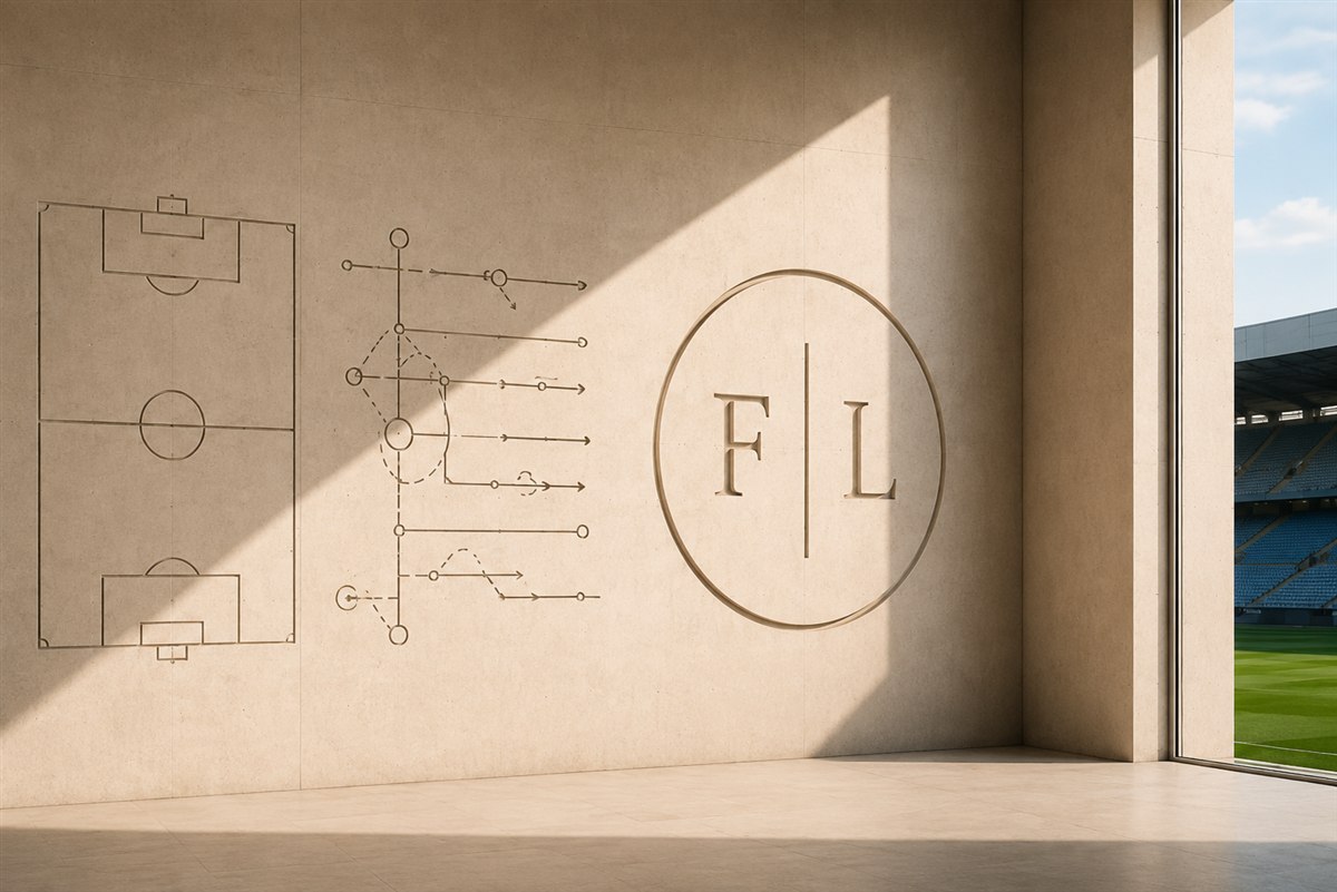 The Football Ledger roundel embossed on a concrete wall overlooking a stadium
