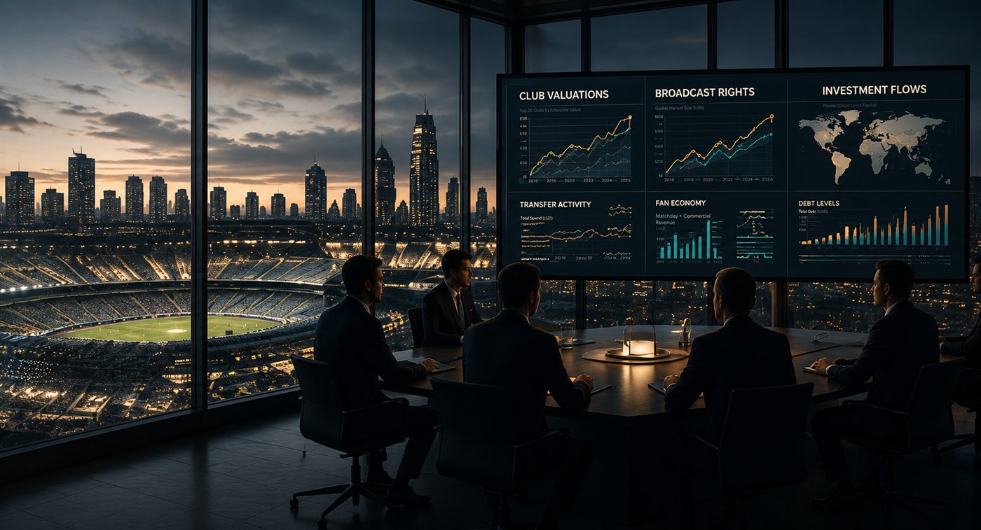 Executives reviewing football-business dashboards — club valuations, broadcast rights and investment flows — in a boardroom overlooking a stadium