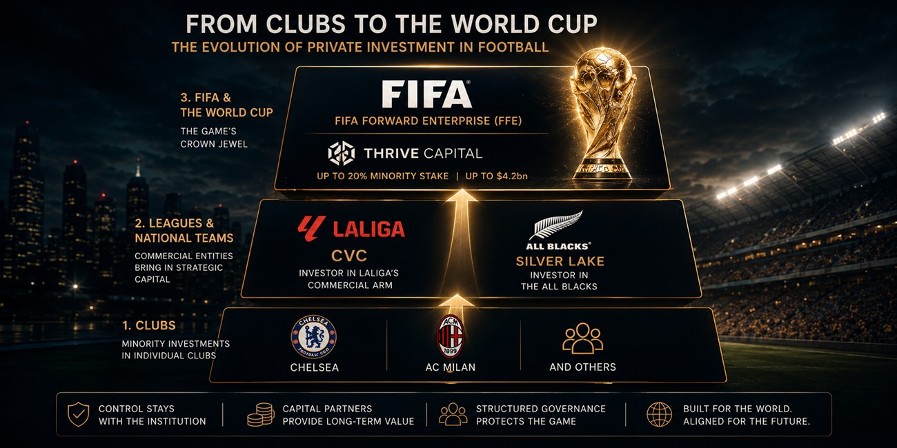 Before-and-after visualization of FIFA governance: BEFORE — 211 member federations vote directly on the World Cup's commercial rights, which sit inside FIFA and are held on behalf of the game (reversible each cycle). AFTER — a new corporate layer called FFE sits between the members and the rights, with FIFA holding 80% majority and Thrive Capital plus other investors holding 20% for $4.2bn; the members' voting arrows are blocked by red X marks at the FFE wrapper boundary. The wrapper is a legal layer members cannot vote through.