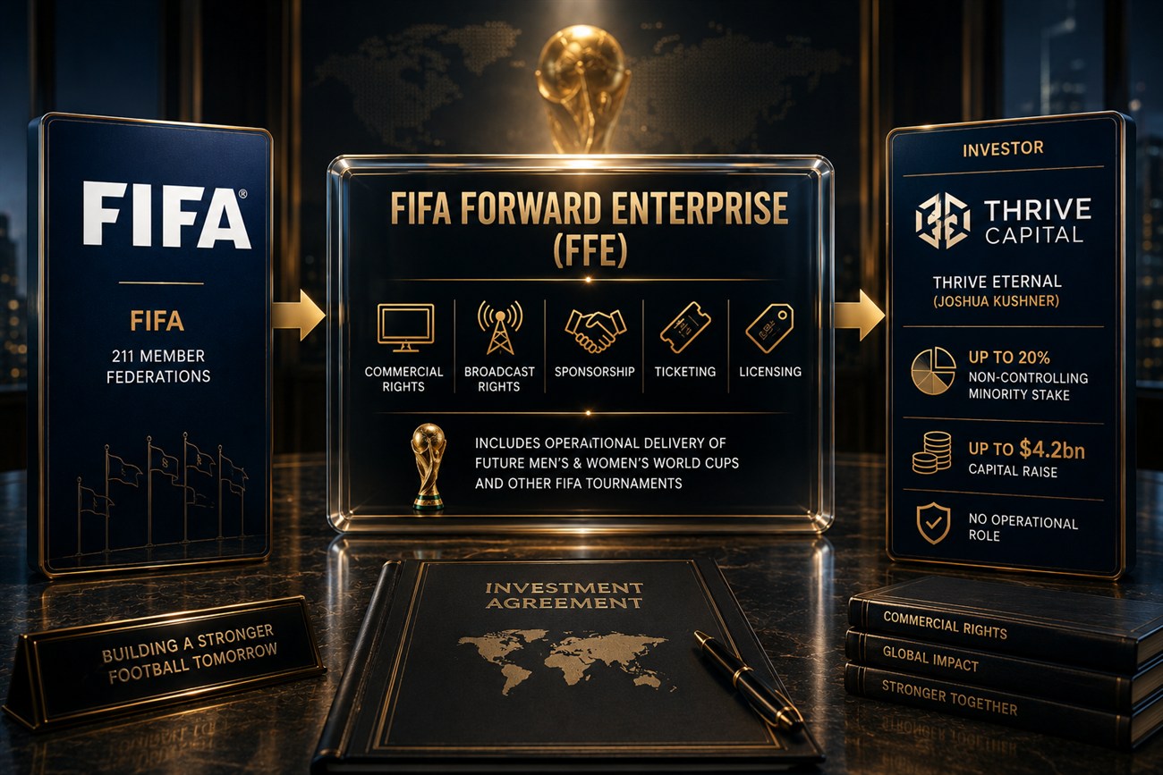 FIFA Forward Enterprise infographic: FIFA and its 211 member federations on the left; the FFE holding company in the centre bundling commercial, broadcast, sponsorship, ticketing and licensing rights for future World Cups; investor Thrive Capital (Thrive Eternal, Joshua Kushner) on the right taking up to a 20% non-controlling stake for up to $4.2bn, with no operational role