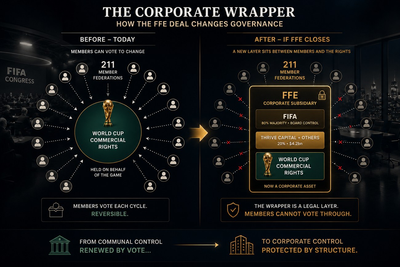 Diagram of the proposed FIFA Forward Enterprise structure: FIFA and its 211 member federations on the left; FFE in the centre holding commercial rights, broadcast rights, sponsorship, ticketing, and licensing for future Men's and Women's World Cups; Thrive Capital on the right taking up to 20% non-controlling minority stake for up to $4.2bn with no operational role.