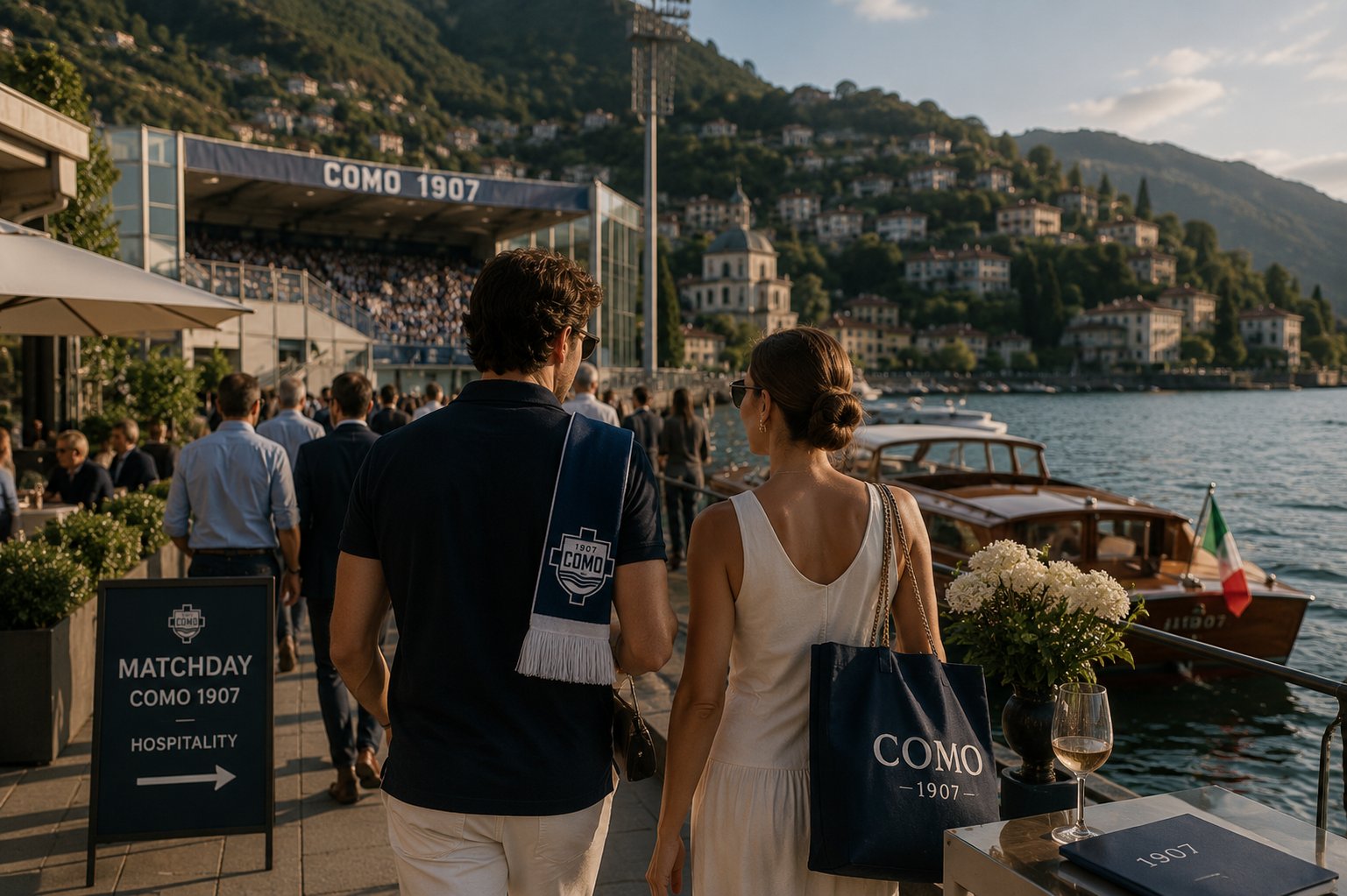 A well-dressed couple walk along the Lake Como promenade toward the Como 1907 stadium on matchday: a Matchday Hospitality signboard on the left, luxury wooden Riva-style boats moored to the right, the man in a navy polo with a club scarf and the woman carrying a canvas Como 1907 tote — the visual expression of the merchandise-plus-international-matchday audience the club is monetising