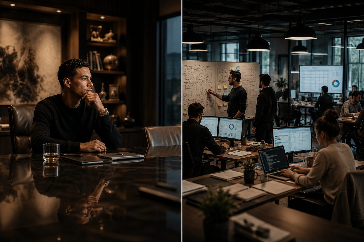 Split scene: the athlete seated at the boardroom table while a professional team runs the business on whiteboards and screens