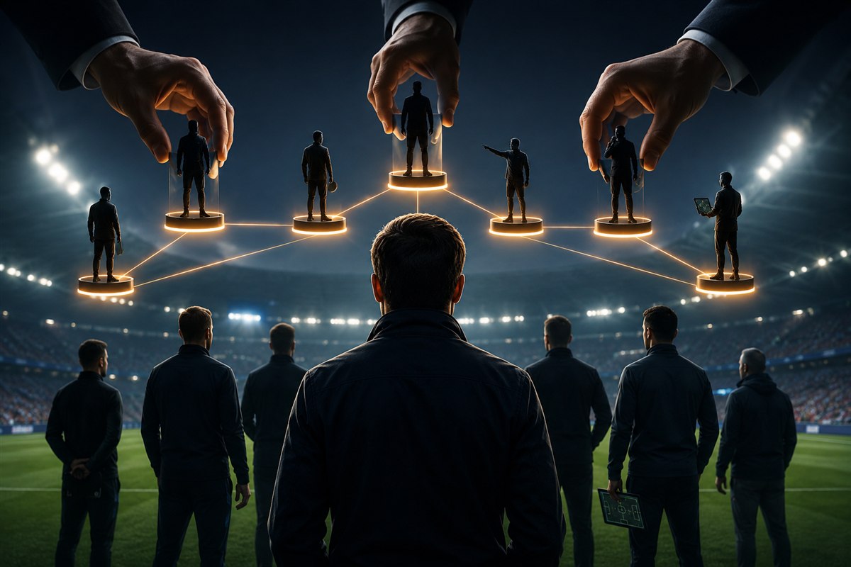 Conceptual image of agency hands placing connected coaching-staff figures onto glowing platforms above a stadium, a manager and his group watching below