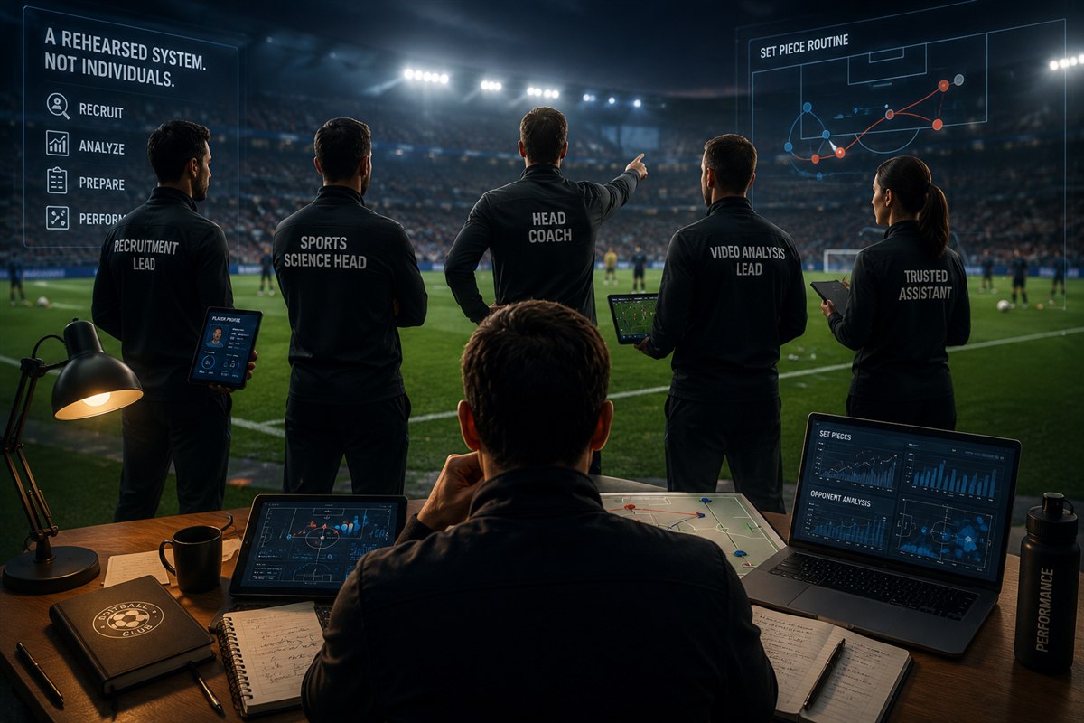 A head coach and his labelled backroom — recruitment lead, sports-science head, video-analysis lead, trusted assistant — working from shared dashboards pitchside