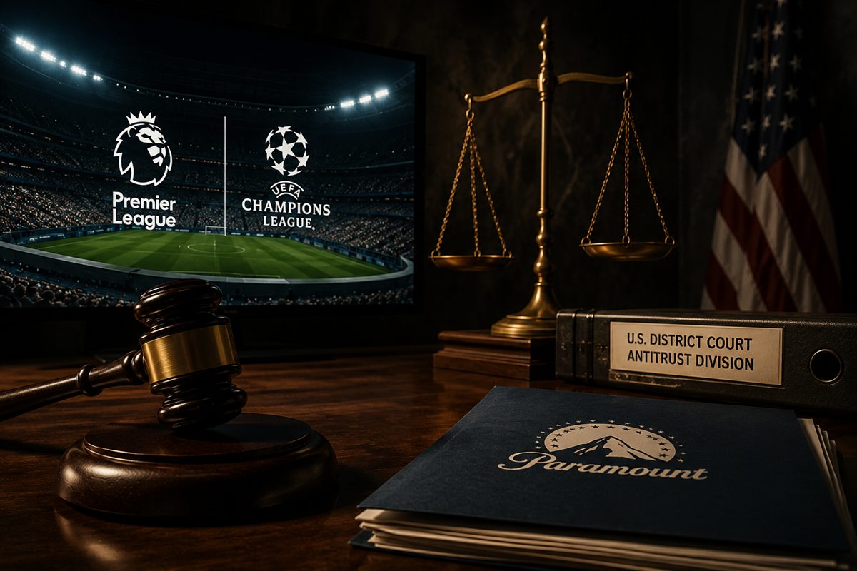 A courtroom: gavel, scales of justice, US flag, a US District Court antitrust binder and a Paramount folder, with Premier League and Champions League logos on a screen behind