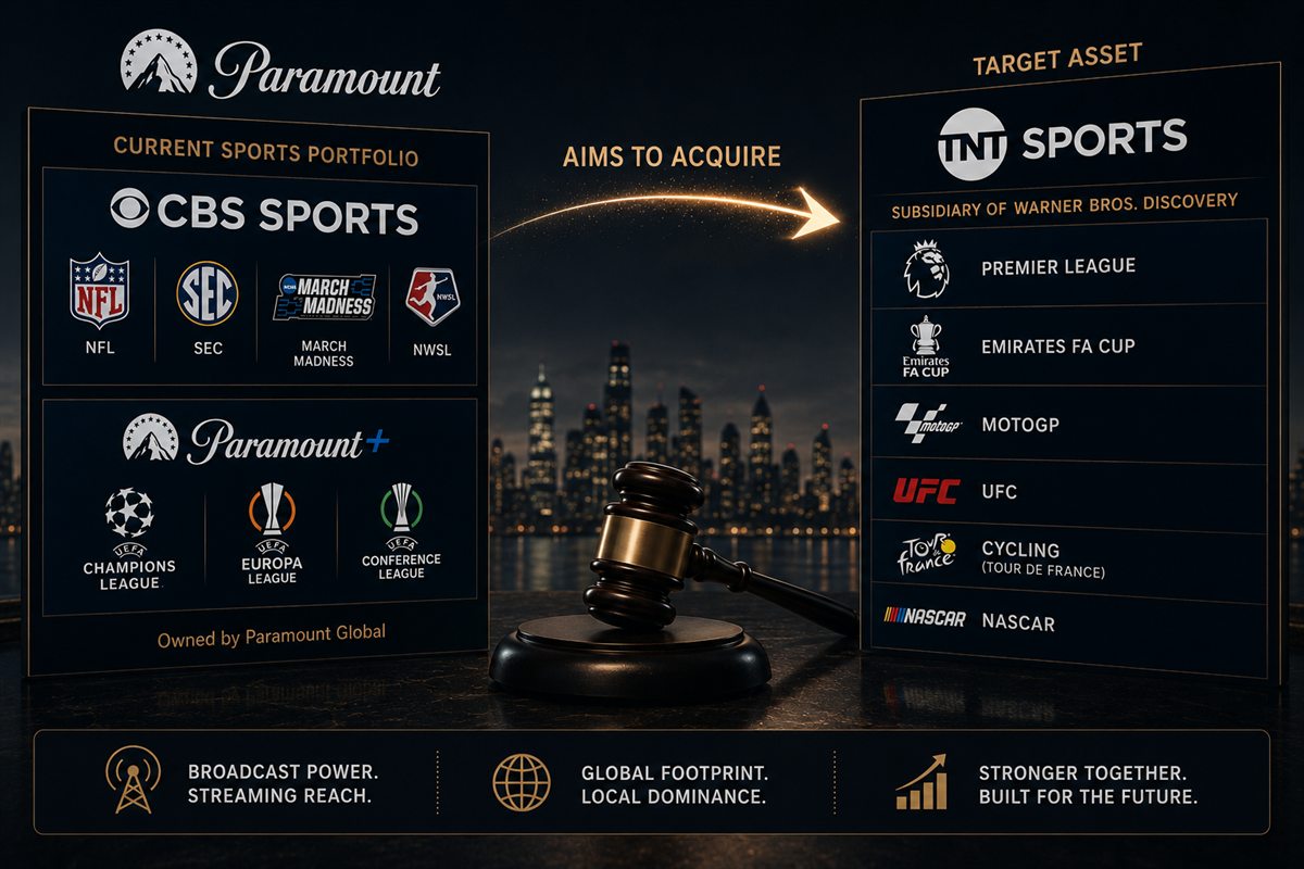 Infographic: Paramount's CBS Sports and Paramount+ portfolio and its bid to acquire TNT Sports from Warner Bros. Discovery, with TNT's Premier League, FA Cup and other rights