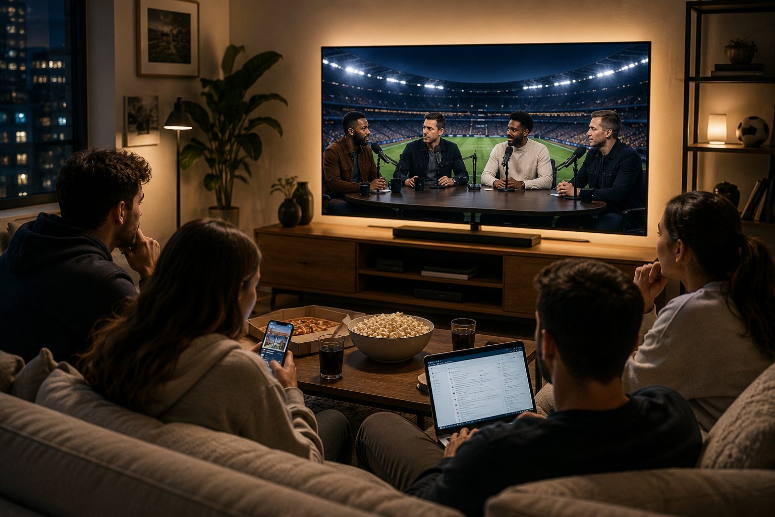Friends watching a football podcast on a living-room TV, phones and laptop open