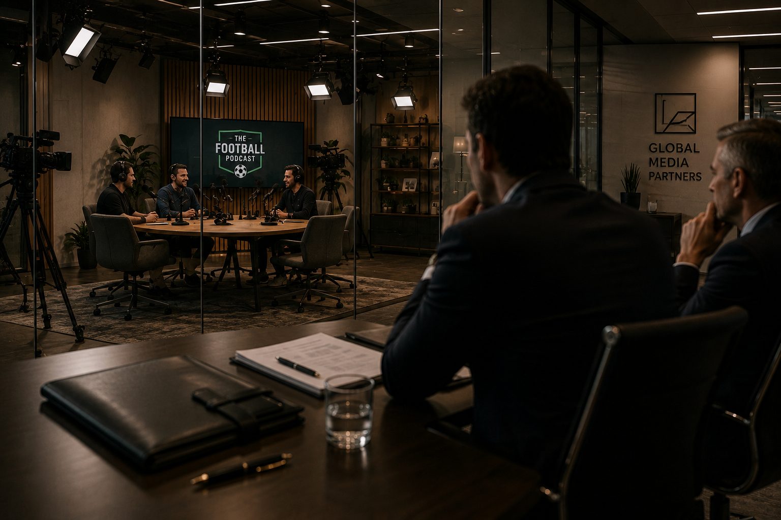 Executives watching a football podcast recording through the glass of a media group's office
