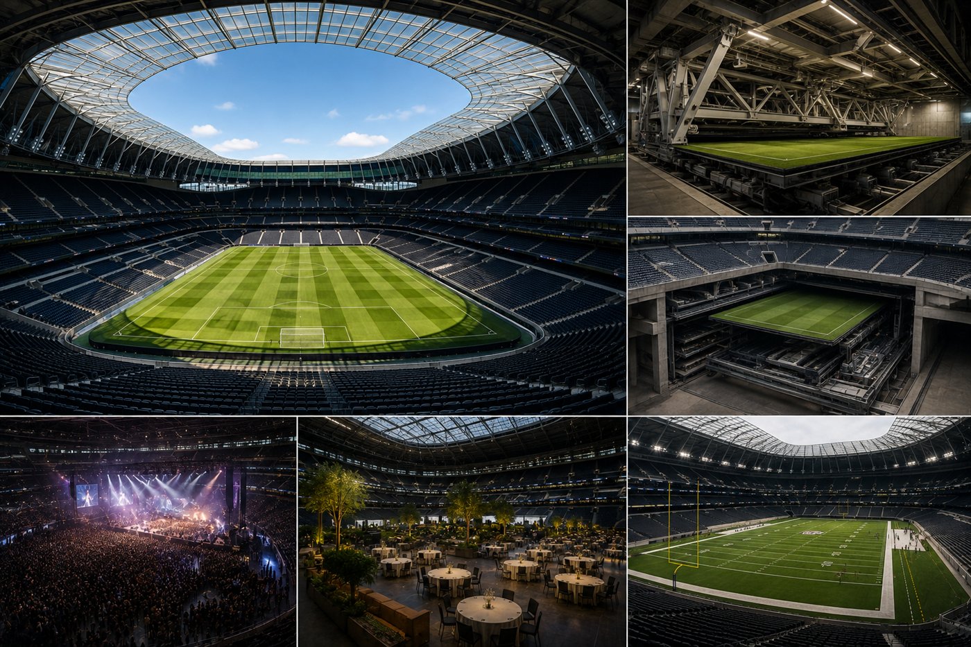 Six-panel photo grid of Tottenham Hotspur Stadium: exterior bowl with football pitch, retractable pitch mechanism in motion, pitch mid-slide-out, concert configuration, hospitality dining, and NFL end-zone setup.
