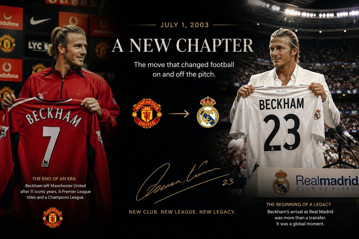 July 1 2003 — A New Chapter: side-by-side of Beckham holding his Manchester United No. 7 shirt and his new Real Madrid No. 23 shirt at the press conference. The move that changed football on and off the pitch.