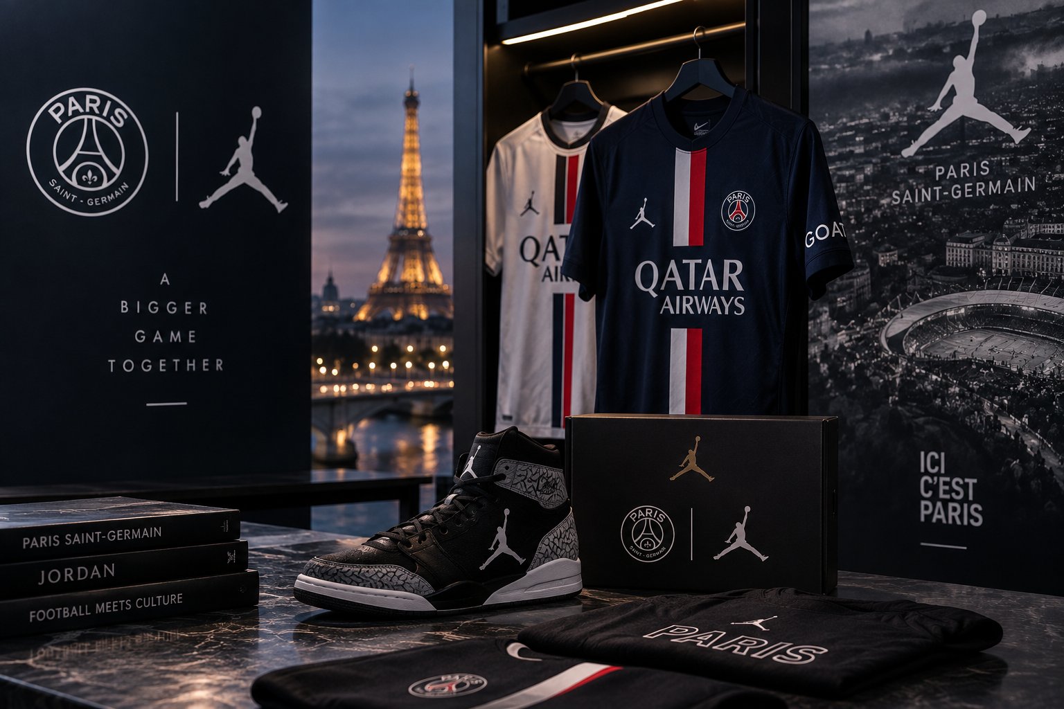 PSG × Jordan Brand editorial imagery: the interlocked PSG and Jumpman logos on a banner reading ‘A Bigger Game Together’, two navy and white PSG home shirts featuring the Jordan Jumpman crest hanging in front of a Paris skyline with the Eiffel Tower, a pair of Jordan trainers and a boxed sneaker on a marble table, and books stacked to one side labelled ‘Paris Saint-Germain’, ‘Jordan’ and ‘Football Meets Culture’, next to a ‘Ici c’est Paris’ wall visual