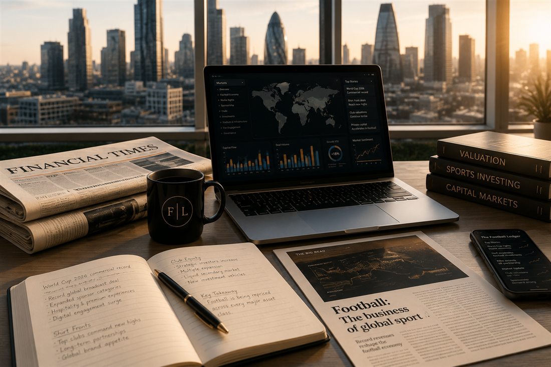 A desk with the Financial Times, a laptop showing football-economy dashboards, and a Football Ledger mug
