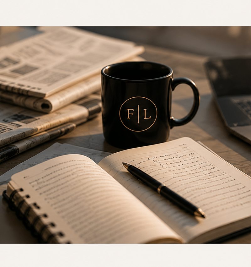 A Football Ledger mug beside a notebook and newspapers