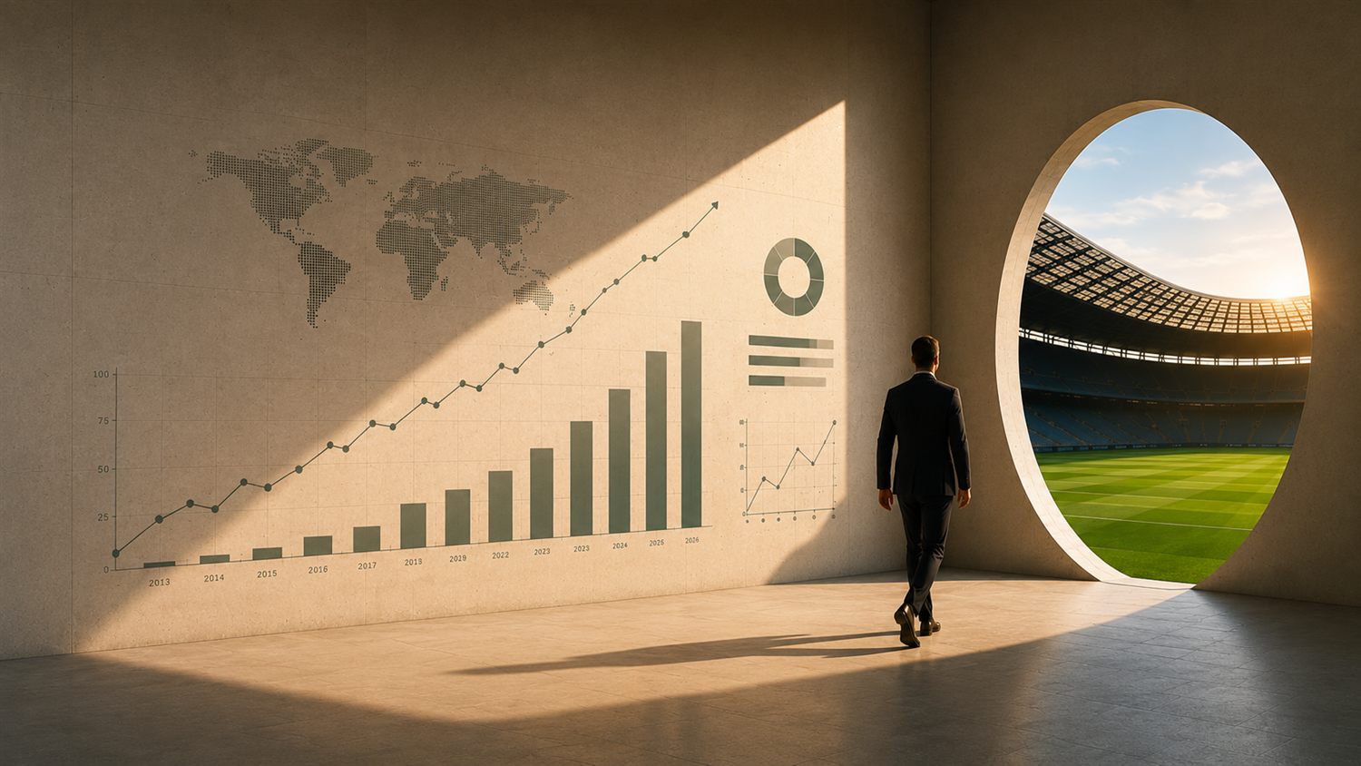 A boardroom opening onto a rising performance chart and a stadium arch — football as an asset class